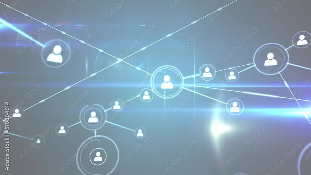 Animation of networks of connections with people icons over blue background Animation of networks of connections with people icons over blue background