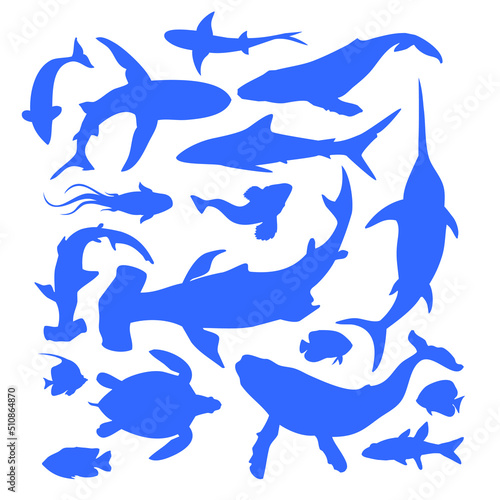 Set of underwater inhabitants silhouettes. Set of fish silhouettes.