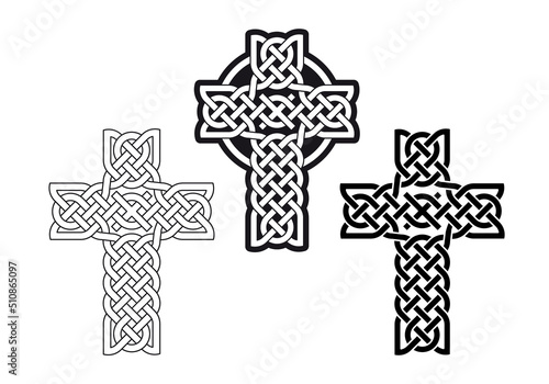 Complex Celtic cross ornament n° 1 (Endless knot design) in black on white background photo