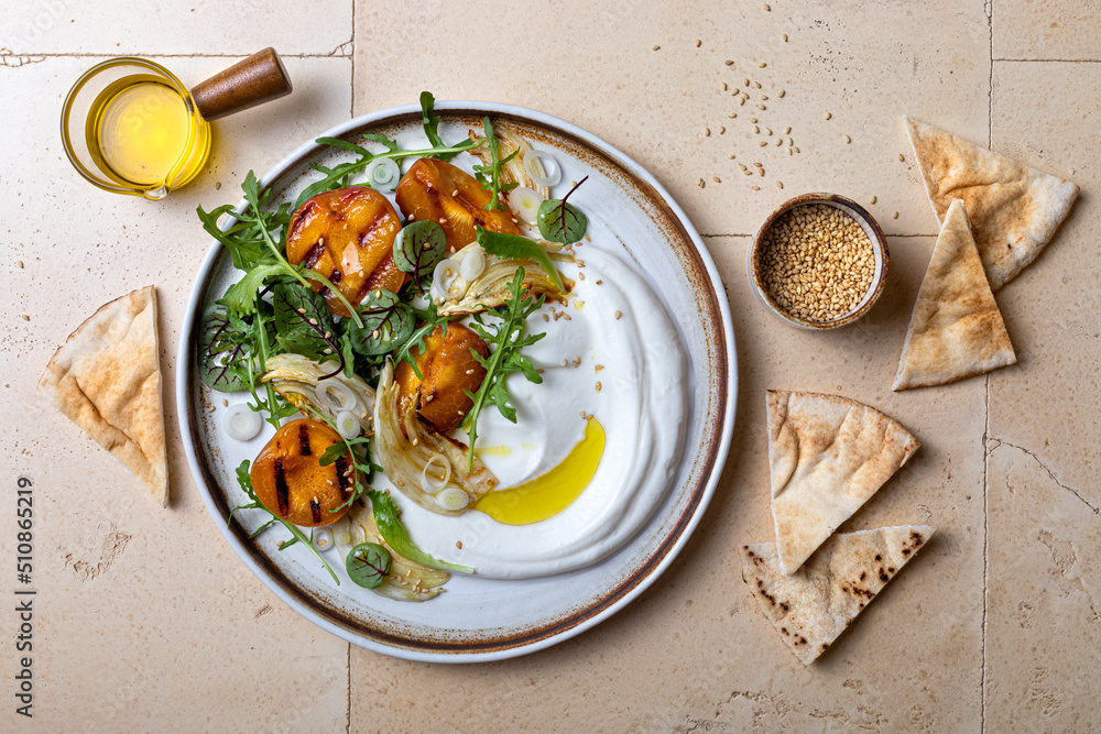 Labneh middle eastern lebanese cream cheese dip. Fennel apricot grilled
