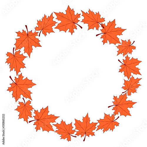 Vector wreath of red maple leaves. Round frame in flat style. Theme of happy fall, nature, forest, thanksgiving.