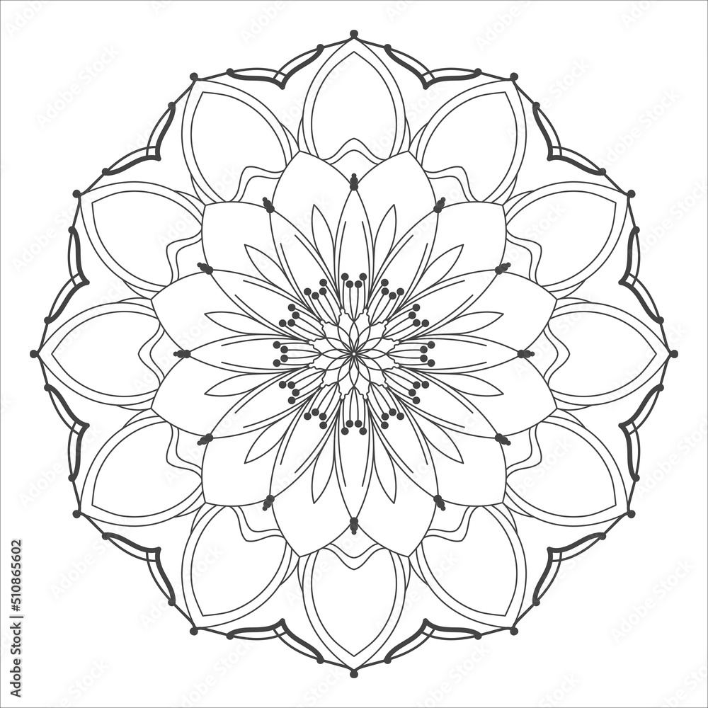 Vector flower mandala coloring book page for adults. Ornamental round floral lace outline black contour on white. Flower, nature elements, geometric symmetry, ethnic style, lace pattern template.