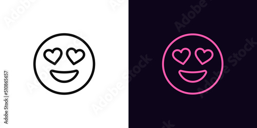 Outline love emoji icon, with editable stroke. Passionate emoticon with heart eyes, enamored face pictogram. Love feeling