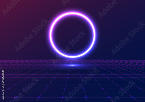Pink Purple Neon Glow Circle Floating Ring and Grid Floor Retro Future Cyberpunk Abstract Background