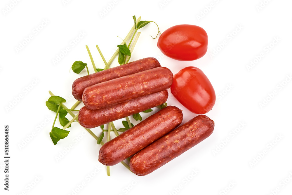 Smoked sausages, isolated on white background. Smoked sausages, isolated on white background.