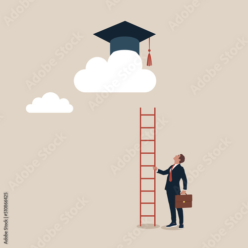 Poor man with too short ladder to climb high graduation mortar board on the cloud. Education cost, expensive school or university cost, education gap or scholarship opportunity.