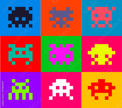 Multicolored set of pixel crab aliens. Space aliens. Pixel art