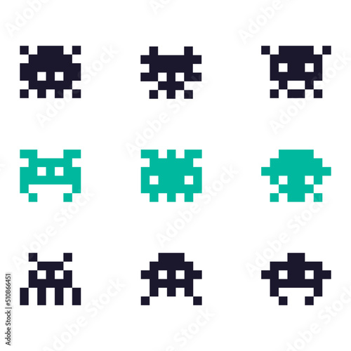 Set of pixel crab aliens. Space aliens. Pixel art