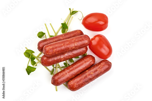 Smoked sausages, isolated on white background.