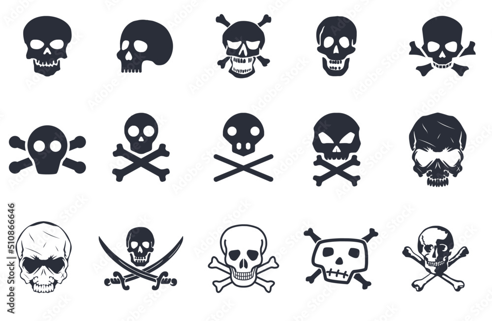 Skeletons. Large set of skulls, bones and pirate symbols. 15 skull and