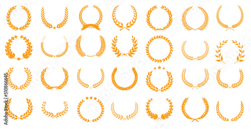 A large set of golden laurel wreaths of the winner (28 pieces). Award logo design. First place symbol. Celebration of decorative traditional stained glass greetings. Laurel wreath award.