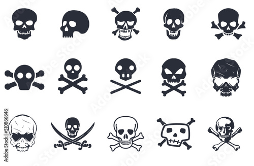 Skeletons. Large set of skulls, bones and pirate symbols. 15 skull and bone silhouettes in one set.