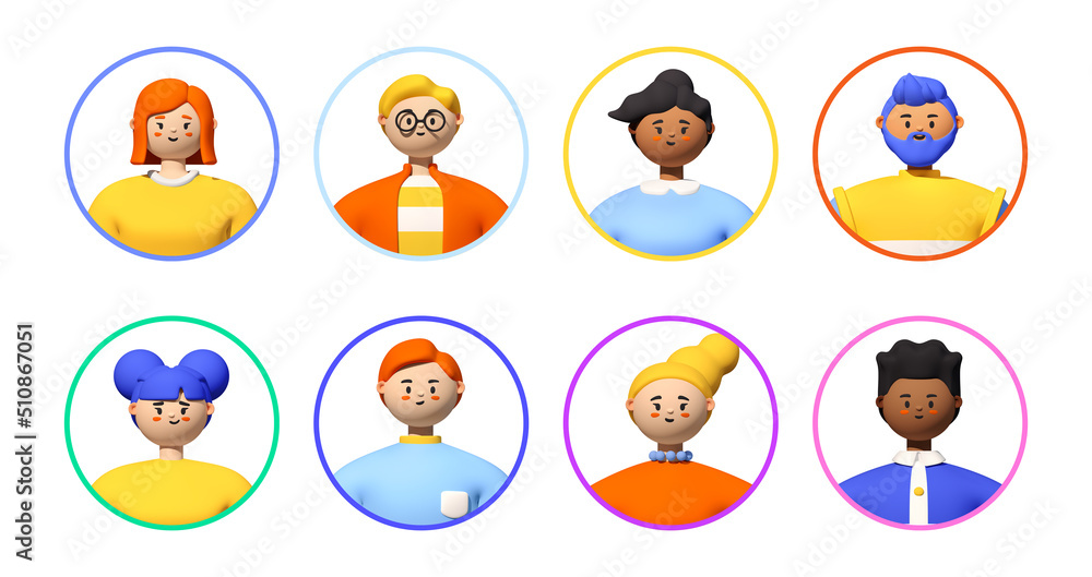 Fototapeta premium Eight happy people avatars - realistic colorful 3d illustration