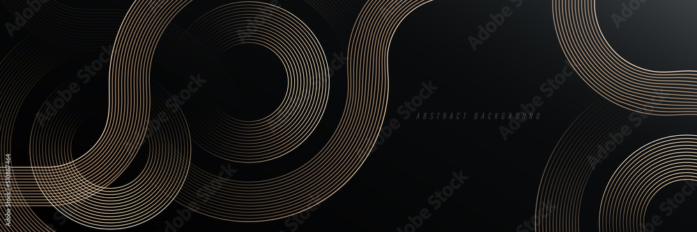 Abstract gold circle lines on dark background. Geometric stripe line art design. Modern luxury template. Suit for presentation, banner, cover, web, flyer, poster, brochure. Vector illustration - obrazy, fototapety, plakaty 