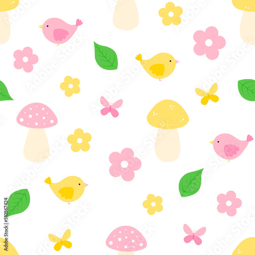Seamless pattern mushroom flowers birds vector illustration