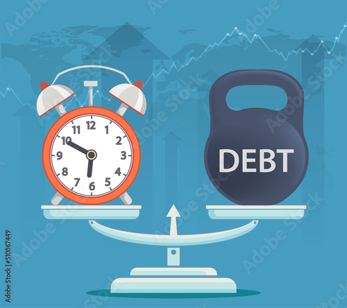 Clock and weight with the word debt on the scales