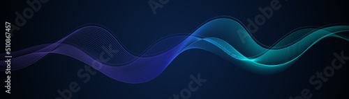 Abstract dark background with flowing wave lines. Glowing wavy lines. Shiny colorful moving lines design element. Modern dynamic wave pattern. Suit for website, poster, brochure, banner, flyer