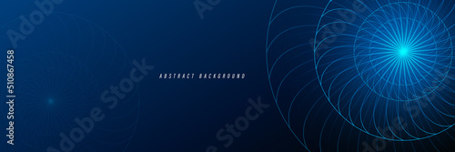 Abstract dark blue background. Glowing spiral lines. Shiny blue twisting circles design elements. Spiral and swirl motion. Modern futuristic technology horizontal banner design