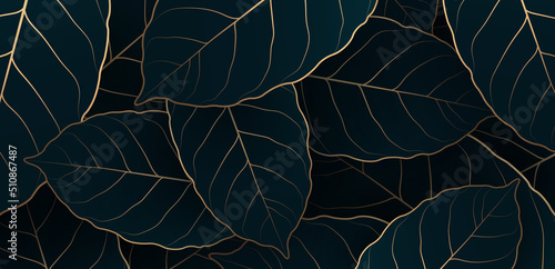 Luxury dark blue tropical leaves background with golden line. Elegant nature leaf pattern design. Hand drawn leaf elements. Suit for wallpaper, print, cover, banner, invitation, poster, backdrop