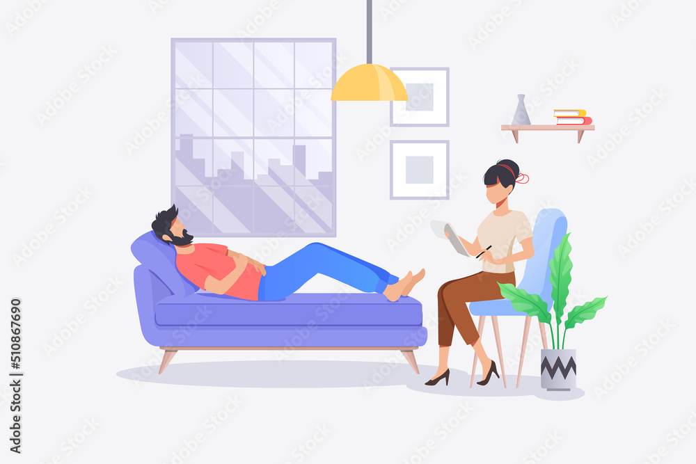 Psychotherapy practice in therapist office with patient on sofa. Cartoon illustration of psychology therapy counseling. Woman sitting and talking with patient Psychotherapy practice in therapist office with patient on sofa. Cartoon illustration of psychology therapy counseling. Woman sitting and talking with patient