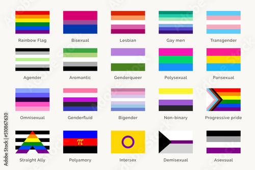 LGBTQ pride flags and their meaning. Sexual identity symbols. Gay Pride Month