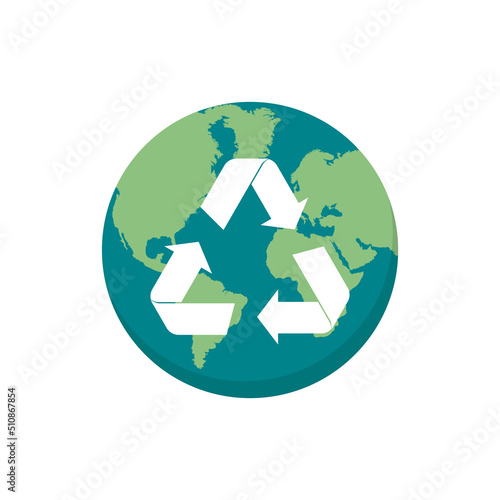 Planet Earth inside recycle sign. Environmental conservation concept. World and recycle arrows. Eco friendly symbol. Sort garbage or waste. Conscious consumption. Vector illustration, flat, clip art.