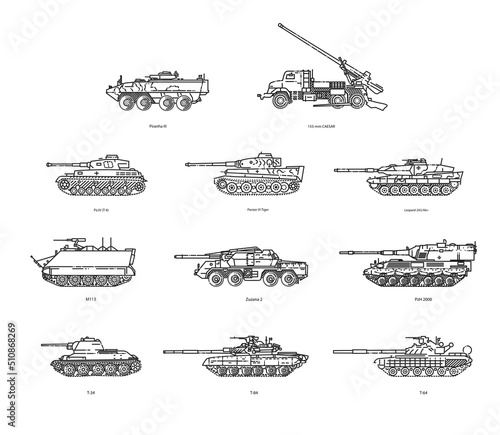 Military technical transport. A set of tanks, artillery mounts, armored personnel carriers.