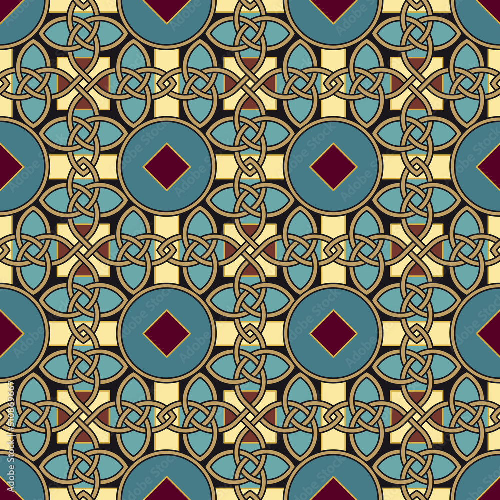 Seamless Celtic knot pattern including medieval crosses and circles rust-red, ochre and teal on beige background (tapestry variation n° 3) Seamless Celtic knot pattern including medieval crosses and circles rust-red, ochre and teal on beige background (tapestry variation n° 3)