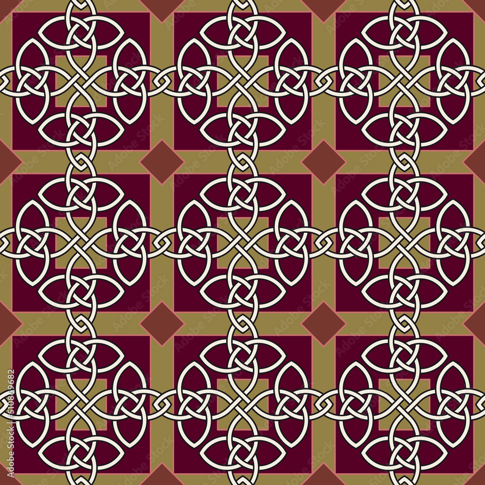 Seamless Celtic knot pattern including medieval crosses and circles rust-red, ochre and teal on beige background (tapestry variation n° 2) Seamless Celtic knot pattern including medieval crosses and circles rust-red, ochre and teal on beige background (tapestry variation n° 2)