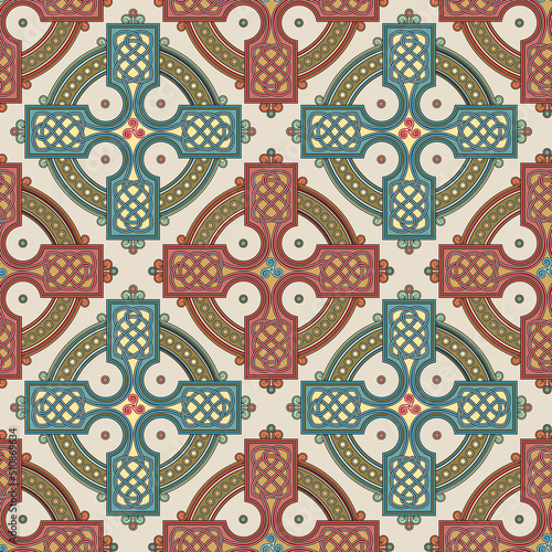 Seamless Celtic knot pattern including medieval crosses and circles rust-red, ochre and teal on beige background (tapestry variation n° 6)