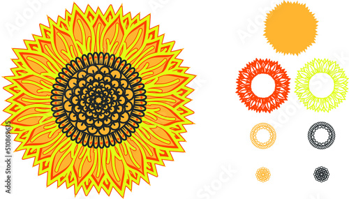 Mandala design. This design consists of several layers. You can change the color and size of the design. Cut each layer and glue together.