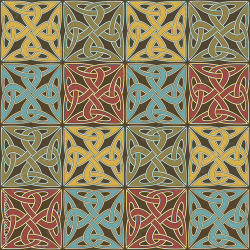Seamless Celtic knot pattern including medieval crosses and circles rust-red, ochre and teal on beige background (tapestry variation n° 4)