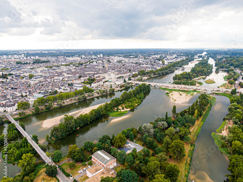 Aerial view of Tours, Bridge Napoleon, bridge Wilson crossing the river Loire, Val-de-Loire, France photo