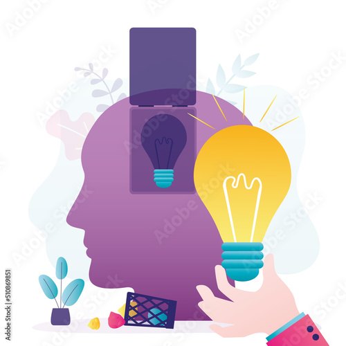 Man replaces extinguished light bulb in head with new one. Person helping burnt-out friend with fresh idea