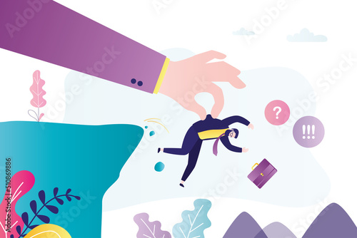 Big hand of the boss throws worker man into abyss from cliff. Staff reduction. Dismissal of male employee. Unemployment during recession and economic crisis. Fired manager.