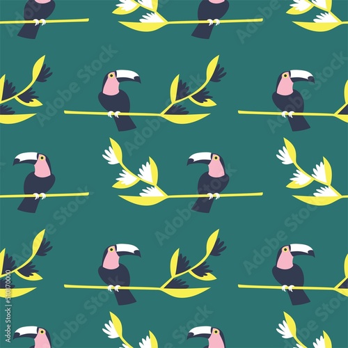 Cartoon toucan birds on heliconia branches seamless pattern vector. Exotical birds sit on tropical flowers bright colorful surface design. Jungle night animal seamless pattern vector