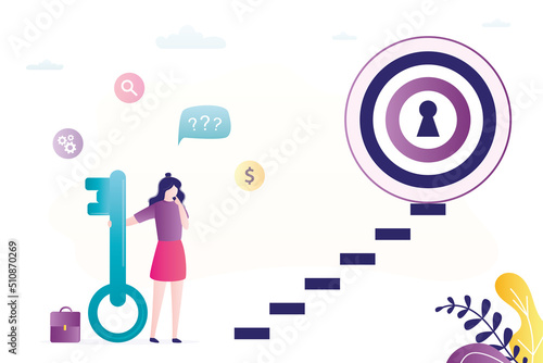 Businesswoman holds big key and stands at foot of career ladder, large target with keyhole on top. Achieving success. Key to unlocking skills, talents, business success.