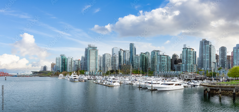 Panoramic View of Coal Harbour, Marina and Stanley Park. Cloudy Sky Art Render. Downtown Vancouver, British Columbia, Canada.