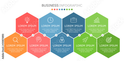 Business infographic Vector with 9 steps. Used for information,data,style,chart,graph,sign,icon, project,strategy,technology,learn,brainstorm,creative,growth,stairs,success, idea,text,web,report,work.