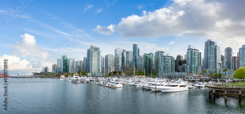Panoramic View of Coal Harbour, Marina and Stanley Park. Cloudy Sky Art Render. Downtown Vancouver, British Columbia, Canada. © edb3_16