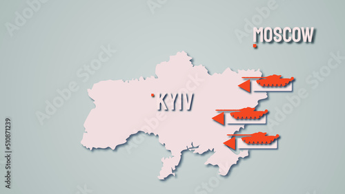 Russian Federation invaded Ukraine, trying to reach its capital city Kyiv. Simple vector image.