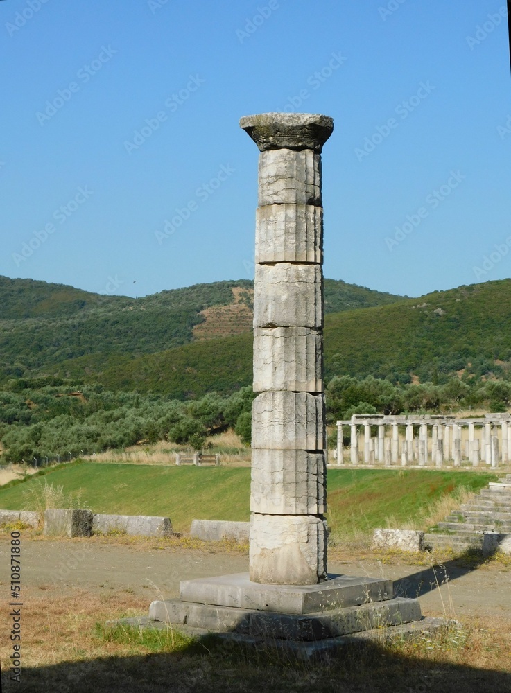 An ancient column in the city of Messene in the Peloponnese, Greece