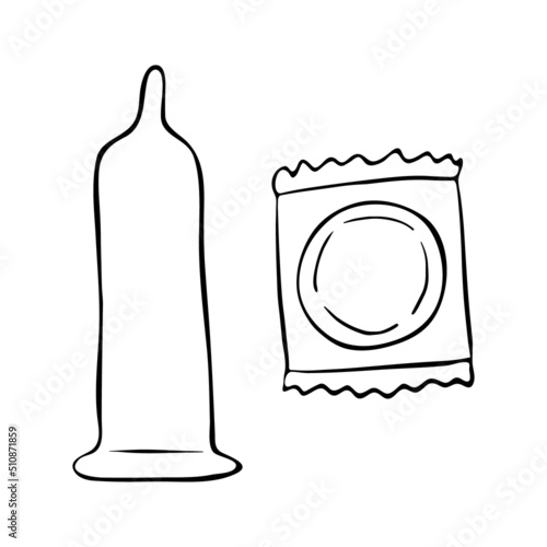 Doodle condom icon isolated on white background. Hand drawn contraception aid. Vector illustration.