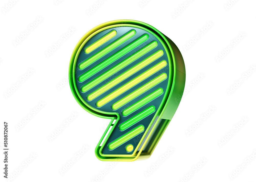 Lemon lime neon font 3D. Luminous number 9 in yellow to green gradient isolated on white background. High quality 3D rendering. Lemon lime neon font 3D. Luminous number 9 in yellow to green gradient isolated on white background. High quality 3D rendering.