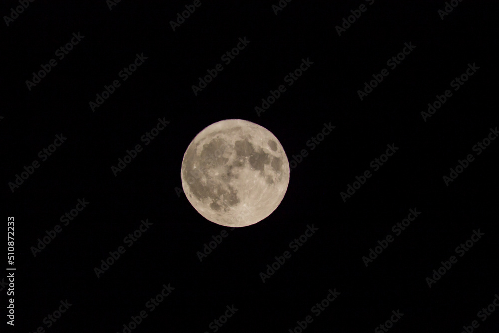 Close up of supermoon with visible craters on its surface on black night sky background with copy space Close up of supermoon with visible craters on its surface on black night sky background with copy space