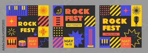Flat design mosaic rock music festival. Set of editable template for social media, event poster, flyer, invitation, cover, banner. Summer fest, concept of live music festival. photo