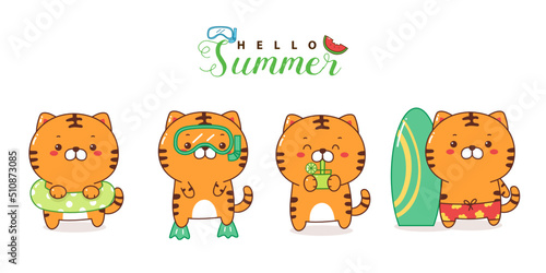 cute tiger kawaii cartoon summer set.