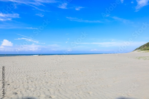 早朝の青い空が広がる太平洋の波と砂浜