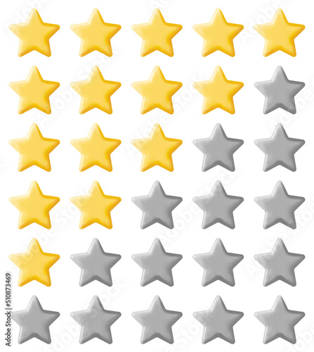 3D Glossy Yellow Five Stars Rating Isolated. Reviews Five Star Realistic Render. Testimonials, Rating, Feedback, Survey, Quality and Review. Achievements or Goal. Vector Illustration