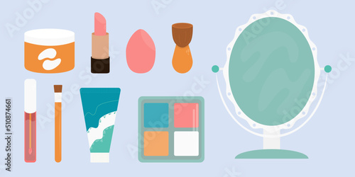 A collection of cosmetic items and a mirror. Mirror and products for makeup and skin care. Vector cosmetics set